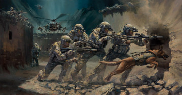 обоя рисованные, армия, спецназ, солдаты, штурмовые, винтовки, вертолет, операция, захват, собака, экипировка, оружие