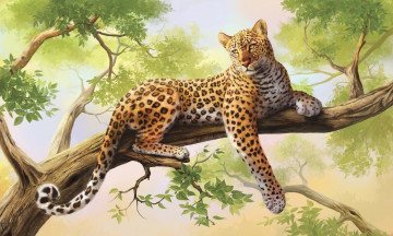 обоя рисованные, животные, дерево, леопард
