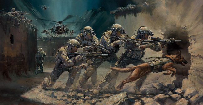 Обои картинки фото рисованные, армия, спецназ, солдаты, штурмовые, винтовки, вертолет, операция, захват, собака, экипировка, оружие