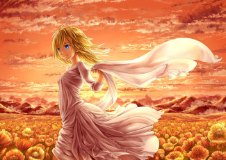 Картинка аниме shingeki+no+kyojin закат небо облака поле платье девушка арт mamechiyo555 christa renz shingeki no kyojin