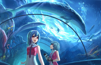 Картинка аниме животные +существа tagme character shon арт девушки дельфин рыбы вода аквариум