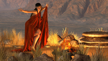 Картинка 3д+графика люди+ people танец фон камни девушка горы огонь ритуал взгляд