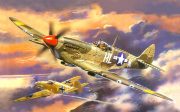 обоя авиация, 3д, рисованые, v-graphic, арт, небо, воздушный, бой, самолёты, bf, -, 109e, 3, немецкий, истребитель