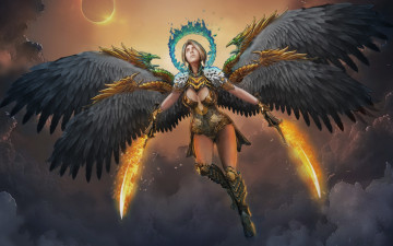 Картинка фэнтези ангелы клинок огонь затмение солнце небо крылья магия ведьма меч девушка