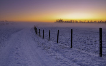 обоя природа, дороги, забор, пейзаж, зима, закат