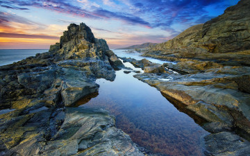 Картинка природа побережье канарские острова океан пляж утро скалы спокойствие восход водоросли