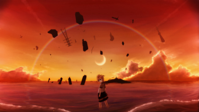 Обои картинки фото аниме, vocaloid, небо, закат, hirobakar, kagamine, len