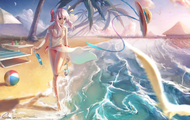 Обои картинки фото аниме, unknown,  другое, арт, девушка, пляж, море, мяч, волны, бутылка, пальмы, лето