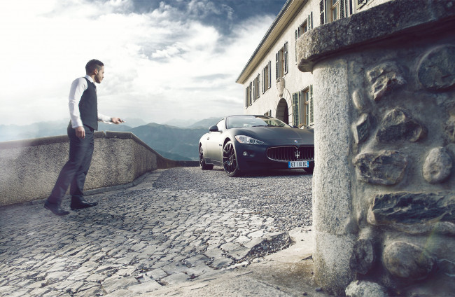 Обои картинки фото автомобили, maserati, photoshot, man, people, black, supercars, gt, granturismo