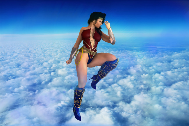 Обои картинки фото 3д графика, фантазия , fantasy, супермен, полет, взгляд, девушка, фон, облака