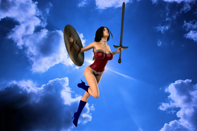 Обои картинки фото 3д графика, фантазия , fantasy, полет, щит, фон, девушка, взгляд, супермен, облака, оружие
