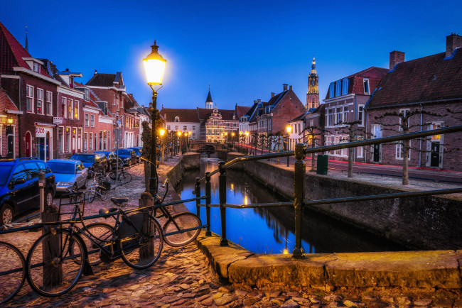 Обои картинки фото amersfoort blue hour, города, - огни ночного города, огни, набережная, канал, верер