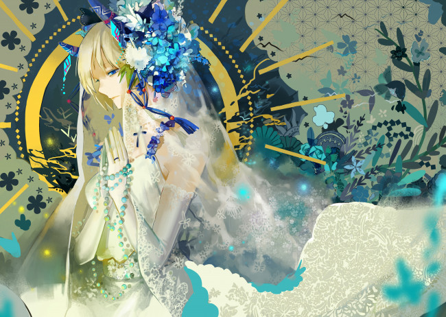 Обои картинки фото аниме, unknown,  другое, nibanmachi, wakai, девушка, свадебное, платье, кольцо, бусы, крест, фата, ленты, рога, цветы, растения