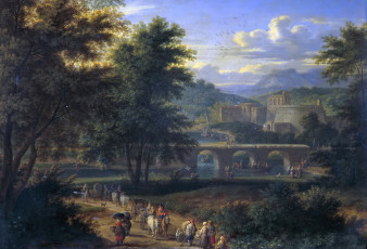 Картинка рисованное живопись картина люди мост пейзаж с дорогой к реке адриан франс будевинс замок деревья