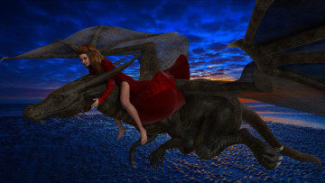 Картинка 3д+графика существа+ creatures дракон полет фон взгляд девушка