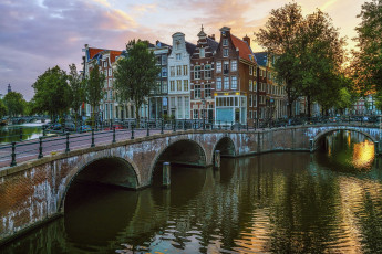 обоя города, амстердам , нидерланды, мосты, канал