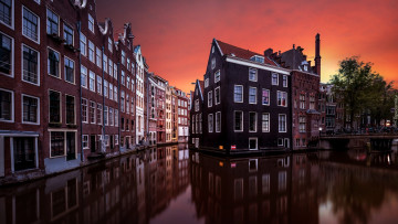 обоя города, амстердам , нидерланды, дома, канал, закат