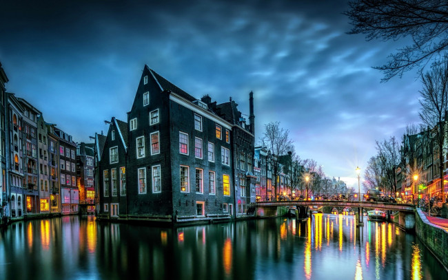 Обои картинки фото города, амстердам , нидерланды, сумерки, мост, канал