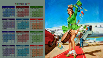 обоя календари, рисованные,  векторная графика, самолет, девушка