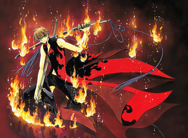 Обои картинки фото аниме, tsubasa reservoir chronicles, ножны, меч, плащ, огонь, оружие, парень