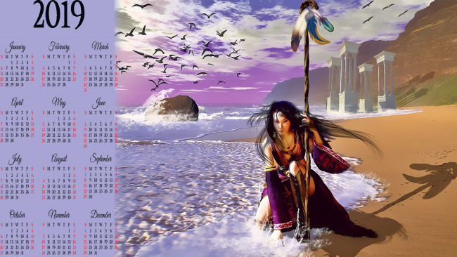 Обои картинки фото календари, фэнтези, колонна, птица, женщина, водоем