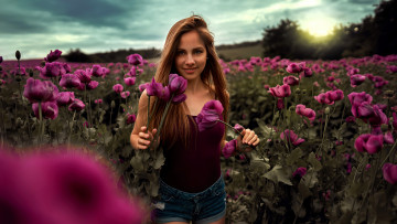 Картинка девушки -+брюнетки +шатенки русая топ шорты поле маки цветы