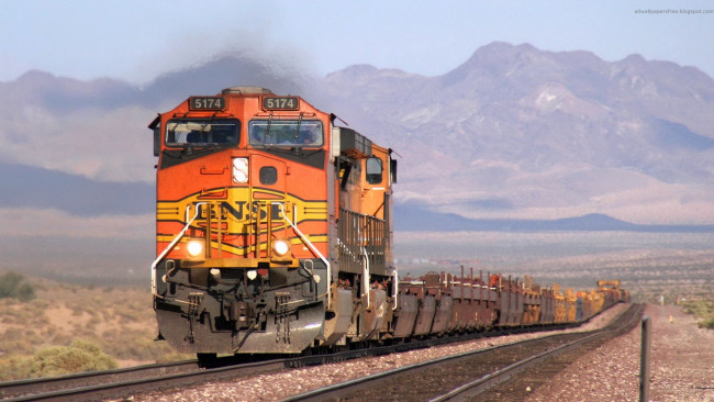 Обои картинки фото локомотив, bnsf, 5174, c44, 9w, техника, локомотивы, поезд, горы, рельсы