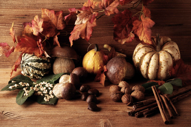Обои картинки фото еда, разное, тыква, орехи, каштаны, грибы, корица, дары, осени