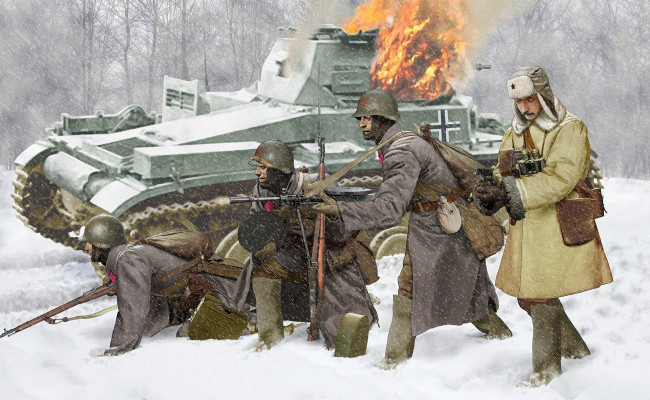 Обои картинки фото рисованные, армия, танк, атака, снег, зима
