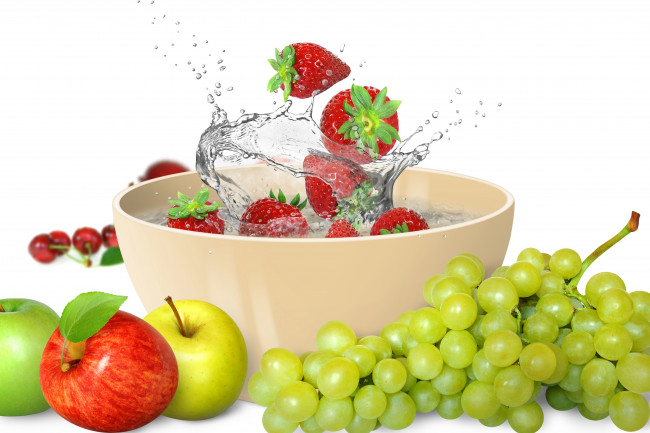 Обои картинки фото еда, фрукты,  ягоды, гроздь, миска, клубника, виноград, яблоки, ягоды