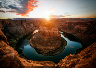 Картинка природа восходы закаты сша штат колорадо аризона река каньон подкова хорсшу-бенд небо облака солнце лучи