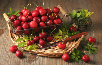 обоя еда, вишня,  черешня, красные, мята, листья, ягоды, вишни, корзина