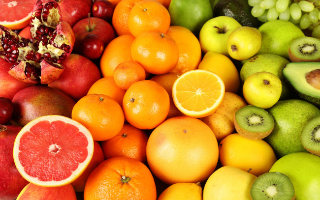Обои картинки фото еда, цитрусы, яблоки, fresh, фрукты, fruits, berries, грейпфрут, киви, апельсины, ягоды