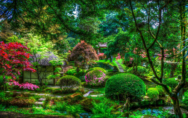 Обои картинки фото природа, парк, пруд, цветы, кусты, деревья, hdr, Япония, домик