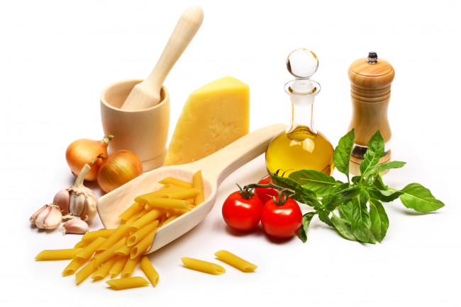 Обои картинки фото еда, разное, cheese, tomato, pasta, макароны, сыр, oil, масло, помидоры, лук