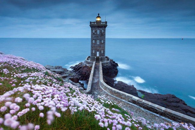 Обои картинки фото природа, маяки, скалы, маяк, море, берег, цветы