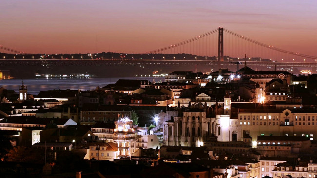 Обои картинки фото города, лиссабон , португалия, мост, огни, ночь