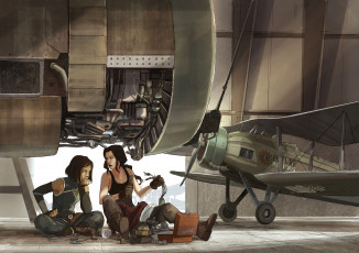 Картинка рисованное люди девушки фон самолет