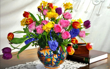 Картинка цветы букеты +композиции тюльпаны фрезии розы гиацинты