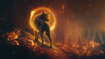 Картинка фэнтези оборотни красота волшебство извне лес горит волк портал легенда ночь мистика фантазия пожар сказочный мир в огне фантастика