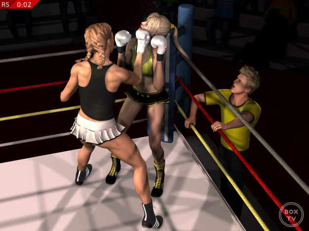Обои картинки фото 3д графика, люди , people, бокс, ринг, фон, девушки, взгляд