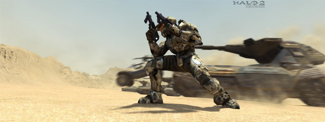 Обои картинки фото видео игры, halo 2, оружие, броня, горы, солдат, пустыня, танк