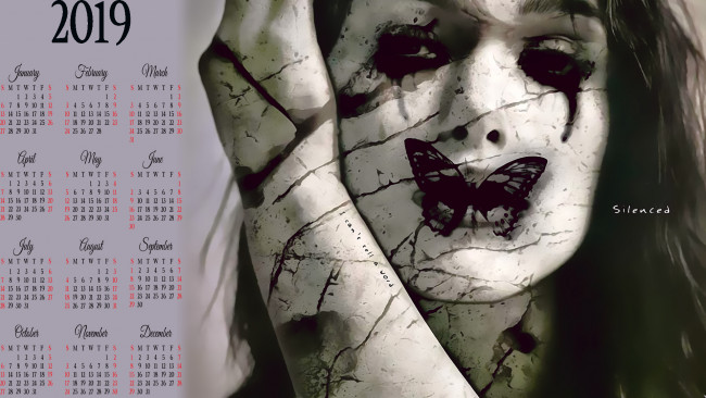 Обои картинки фото календари, фэнтези, девушка, лицо, бабочка, рана