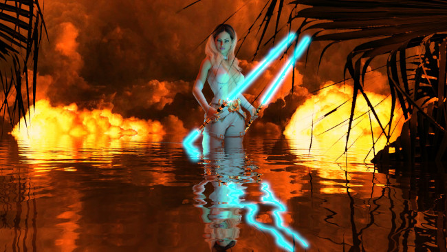 Обои картинки фото 3д графика, фантазия , fantasy, девушка, фон, взгляд, вода, световой, меч