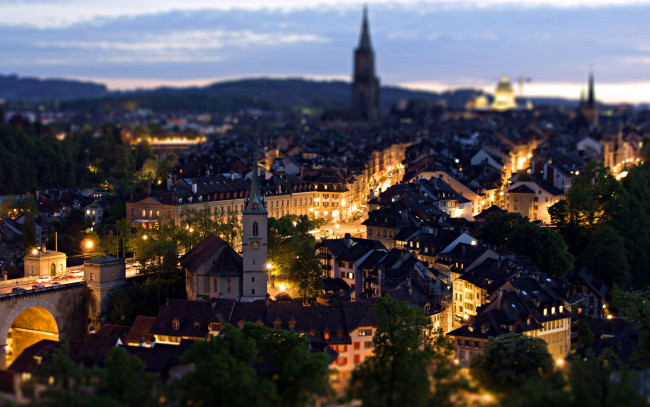 Обои картинки фото города, берн , швейцария, панорама, вечер, огни