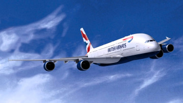 обоя airbus a380 british airways, авиация, пассажирские самолёты, самолет, полет, небо, облака