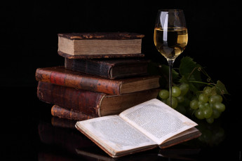 Картинка еда натюрморт книги виноград бокал вино отражение