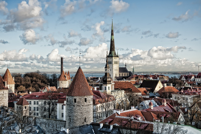 Обои картинки фото города, таллин, эстония, крыши, крепость, облака, панорама