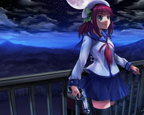Картинка аниме angel+beats луна пистолет форма ночь небо брюнетка девушка