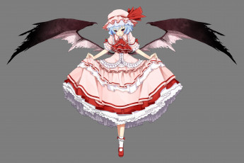 Картинка аниме touhou бальное взгляд шляпка платье серый фон крылья демон девушка